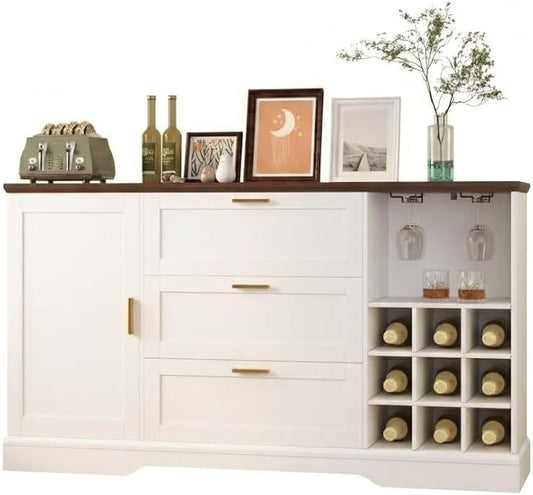 63 Inch Farmhouse Sideboard Buffet with Drawer Adjustable Shelves,Kitchen Island with Door-Back Rack for Snacks,Coffee Bar Buffet with Wine Racks Storage for Kitchen Entryway White and Walnut