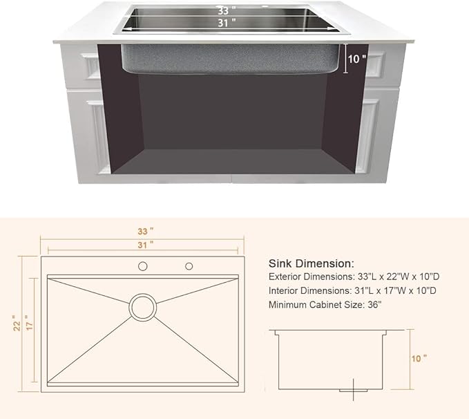 Black Kitchen Sink Drop In-Bokaiya 33x19 Drop In Single Bowl Kitchen Sink 16 Gauge Black Stainless Steel Top Mount Workstation 10 Inch Deep Kitchen Basin for Home
