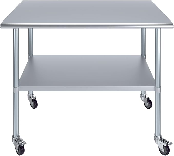 Stainless Steel Work Table with Wheels | NSF Kitchen Island Food Prep | Laundry Garage Utility Bench (Table + Wheels, 48" Long x 30" Deep)