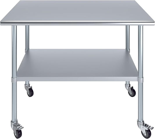 Stainless Steel Work Table with Wheels | NSF Kitchen Island Food Prep | Laundry Garage Utility Bench (Table + Wheels, 48" Long x 30" Deep)