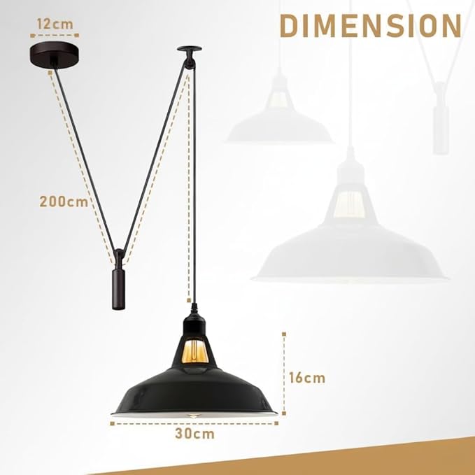 Black Barn Adjustable Pulley Pendant Light – Retro Industrial E26 Hanging Ceiling Lamp Fixture for Kitchen Island, Dining Room, Living Room, Bar & Café Décor (2M, Black)