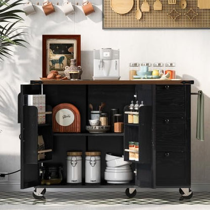 Kitchen Island Cart with Internal Storage Rack, 54.5'' Rolling Kitchen Island Table with Power Outlet, Drop Leaf, Spice/Towel Rack and Drawer, Mobile Kitchen Islands with Storage on Wheels (Black)