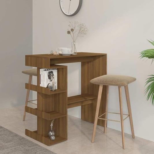 Narrow Bar Table with Storage Shelf, Brown Oak Engineered Wood Counter Height Kitchen Island Table for Small Spaces, Breakfast Nook, Dining Room and Living Room