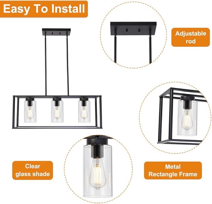VINLUZ Contemporary Chandeliers Black 3 Light Modern Dining Room Lighting Fixtures Hanging, Kitchen Island Cage Linear Pendant Lights Farmhouse Flush Mount Ceiling Light with Glass Shade
