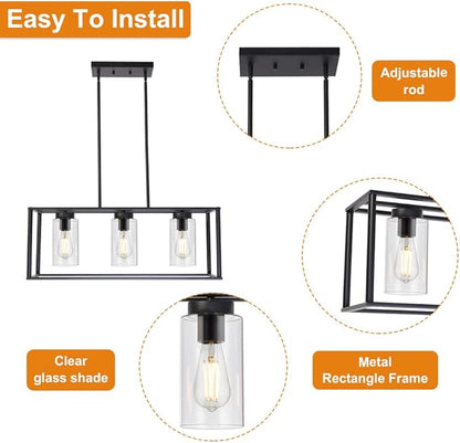 VINLUZ Contemporary Chandeliers Black 3 Light Modern Dining Room Lighting Fixtures Hanging, Kitchen Island Cage Linear Pendant Lights Farmhouse Flush Mount Ceiling Light with Glass Shade