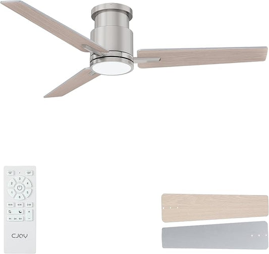 CJOY Ceiling Fans with Lights, 52 Inch Flush Mount Indoor Ceiling Fan with Light and Remote, Low Profile, LED Dimmable DC Reversible Modern Ceiling Fan for Bedroom（Brushed Nickel）