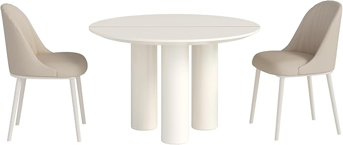 Miuuod 46" White Round Dining Table with 2 Cushion Chairs, with Space Saving Sturdy Leg for 2-6 People,Center Table Suitable Kitchen,Balcony or Living Room,Coffee Side Table