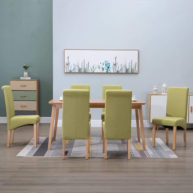 Set of 6 Green Fabric Dining Chairs with Wood Frame Modern Rectangular Design Comfortable Indoor Seating for Dining Room Kitchen Home Furniture