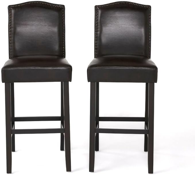 GOWE Barstools Set of 2, Upholstered Bar Stools for Kitchen Island, Dark Brown Rubberwood Legs PU Faux Leather Seating 300LBS Weight Capacity