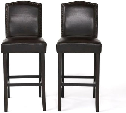 Set of 2, Counter Height Upholstered Bar Stools for Kitchen Island, Dark Brown Rubberwood Legs PU Faux Leather Seating 300LBS Weight Capacity