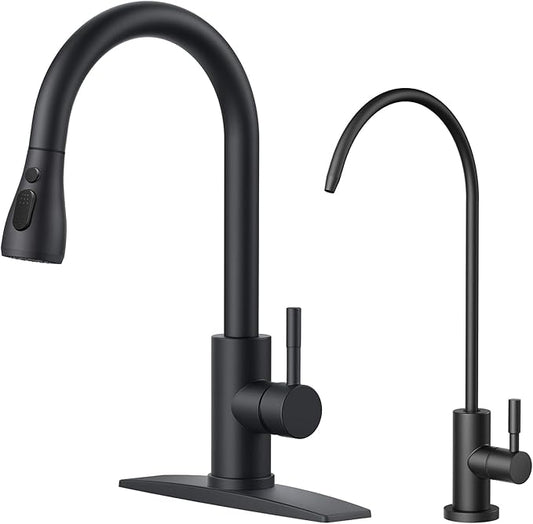 FORIOUS Kitchen Faucet and Water Filter Faucet Combo, Black Stainless Steel Bar Faucet Pull Down Sprayer and Drinking Purifier Faucet for Kitchen Sink RV Farmhouse Camper