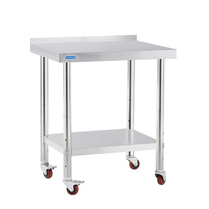 KUARBARR Stainless Steel Table for Prep & Work with 4 Caster Wheels with Backsplash 24 x 30 NSF Metal Commercial Kitchen Adjustable Under Shelf Worktable for Restaurant Home Outdoor