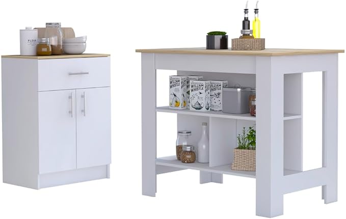 GOWE 2 Piece Kitchen Set, Kitchen Island + Pantry Cabinet, White/Light Oak