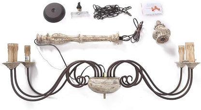 LALUZ Farmhouse Chandelier, French Country Chandelier for Dining Room, White Distressed Wood, 37” L x 28” H