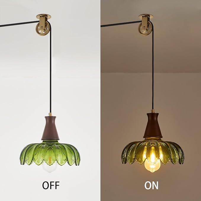 YLONG-ZS Vintage Plug in Pendant Light, Boho Hanging Lamp Plug in Pulley Green Glass Pendant Lamp, Modern Walnut Color Wood Hanging Light for Kitchen Island, Bedroom, Dining Room, Living Room