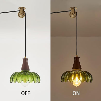 YLONG-ZS Vintage Plug in Pendant Light, Boho Hanging Lamp Plug in Pulley Green Glass Pendant Lamp, Modern Walnut Color Wood Hanging Light for Kitchen Island, Bedroom, Dining Room, Living Room