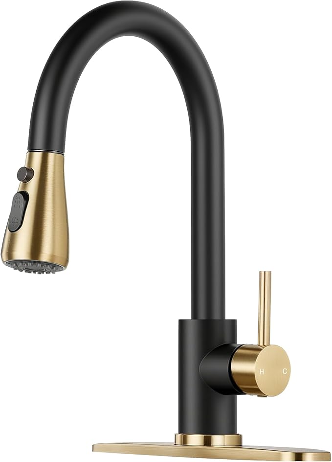Kitchen Faucet with Pull Down Sprayer - Gold & Black Single Handle Kitchen Faucets, High Arc Stainless Steel Pull Out Kitchen Sink Faucet with Deck for RV Laundry Farmhouse Bar