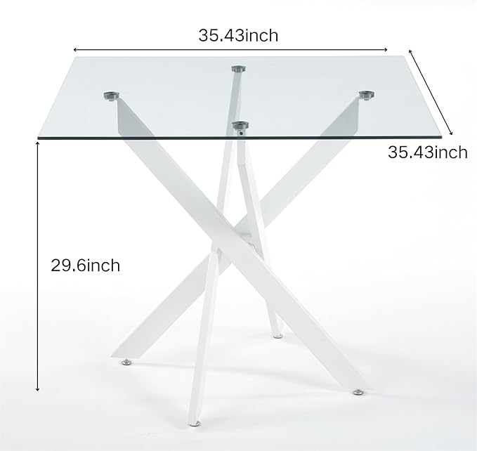 36'' Square Glass Dining Table for 2-4, X-Shape White Metal Legs, Glass Tea Table Square Kitchen Table for Small Space