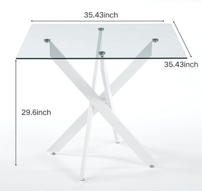 36'' Square Glass Dining Table for 2-4, X-Shape White Metal Legs, Glass Tea Table Square Kitchen Table for Small Space