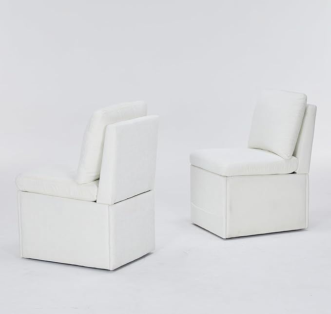 Set of 2 Linen Upholstered Armless Dining Chair with Casters and Storage Space, Modern Dining Room Chairs with Wheels for Dining Room Kitchen Bedroom Reading Room Living Room, Ivory
