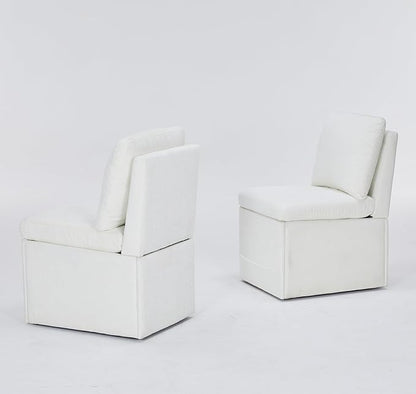 Set of 2 Linen Upholstered Armless Dining Chair with Casters and Storage Space, Modern Dining Room Chairs with Wheels for Dining Room Kitchen Bedroom Reading Room Living Room, Ivory