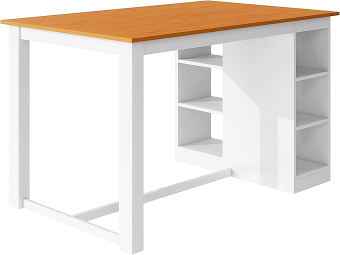 Farmhouse 5-Piece Counter Height Dining Table Set, 2-Tone Rectangular Dining Table with 3-Tier Storage Shelves and Upholstered Dining Chairs, Solid Wood Kitchen Dining Room Set for 4 (Natural/White)