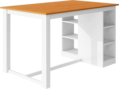 Farmhouse 5-Piece Counter Height Dining Table Set, 2-Tone Rectangular Dining Table with 3-Tier Storage Shelves and Upholstered Dining Chairs, Solid Wood Kitchen Dining Room Set for 4 (Natural/White)
