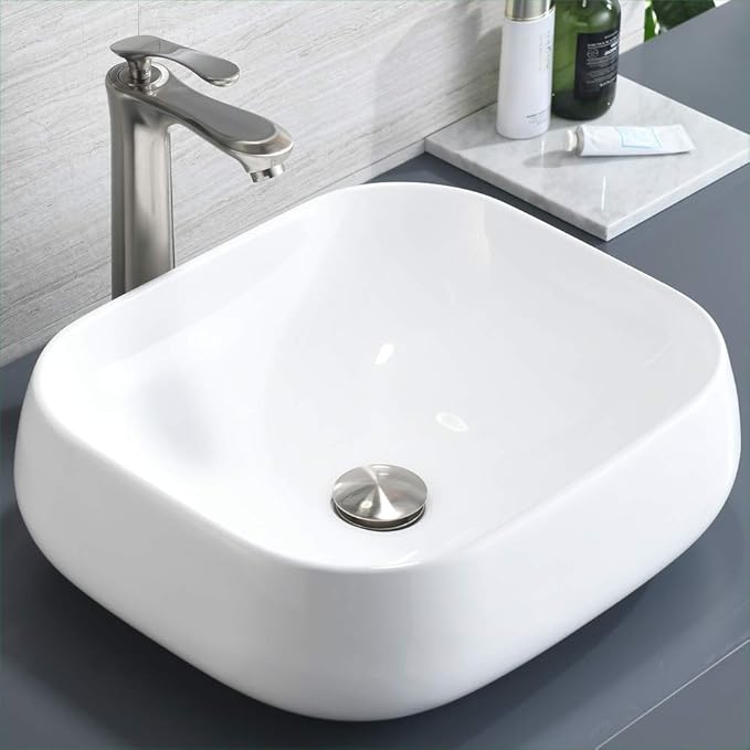 Rectangle Vessel Sink, 18"x16" Modern White Ceramic Bathroom Vessel Sink Above Counter Lavatory Vanity Porcelain Washinng Art Basin