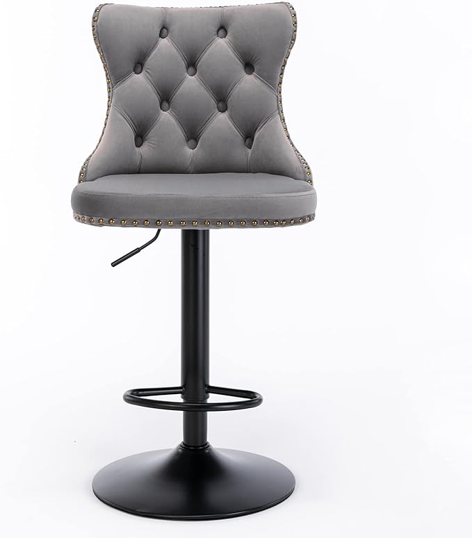 Swivel Velvet Bar stools Adjusatble Seat Height from 25 33 Inch,17.7 inch Base, Upholstered Bar Stools with Backs Comfortable Tufted for Home Pub and Kitchen Island,Gray,Set of 2,AS1812GY