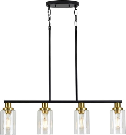 Island Lights for Kitchen, 4-Light Farmhouse Dining Room Light Fixtures Over Table, Matte Black and Gold Linear Chandeliers for Dining Room，Industrial Pendant Lighting with Clear Glass Shade