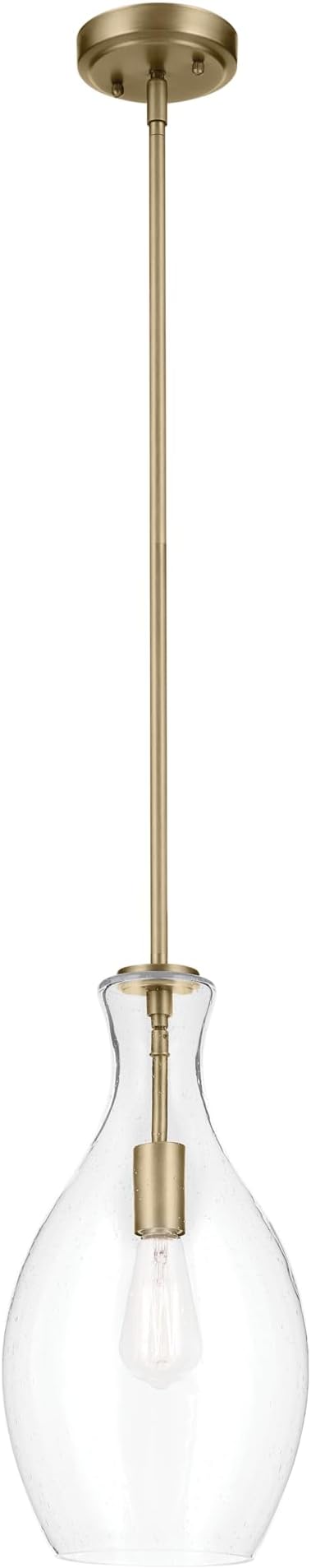 Everly 17.75" 1-Light Bell Pendant with Clear Seeded Glass in Brushed Natural Brass, for a Kitchen Island, Dining Nook, or Home Bar, (17.75" x 8.75") 42047NBRCS
