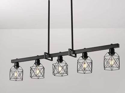 5-Light Farmhouse Kitchen Island Lighting Black Hardware and Black Metal cage Frame Design Rustic Vintage Pendant Ceiling Light Suitable for Dining Rooms and Living Rooms