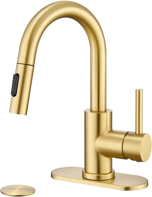 Bathroom Sink Faucet with Pull Down Sprayer,Single Handle Pull Out Faucet with Pop-Up Drain, 1 or 3 Hole Laundry Bar Basin Brushed Gold Faucet with Deck Plate