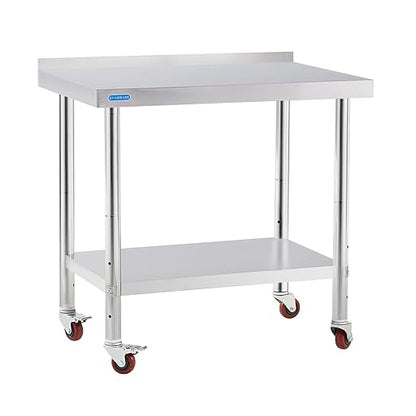 KUARBARR Stainless Steel Table for Prep & Work with 4 Caster Wheels with Backsplash 24 x 36 NSF Metal Commercial Kitchen Adjustable Under Shelf Worktable for Restaurant Home Outdoor