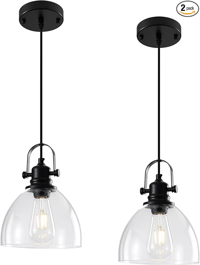 Black Pendant Lights Kitchen Island, 7.5'' Modern Glass Pendant Light 2 Pack, Farmhouse Pendant Lights with Clear Glass Shades, Hanging Island Pendant Lights for Kitchen, Bedroom, Bathroom