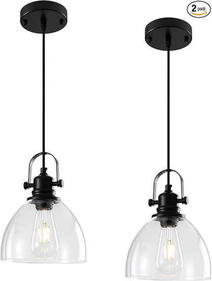 Black Pendant Lights Kitchen Island, 7.5'' Modern Glass Pendant Light 2 Pack, Farmhouse Pendant Lights with Clear Glass Shades, Hanging Island Pendant Lights for Kitchen, Bedroom, Bathroom