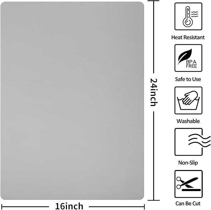 Silicone Mats for Kitchen Counter Thicker Extra Large Heat Resistant Mats Countertop Protector Liners for Bottom of Oven Air Fryer Coffee Maker, 24" x 16" x 2 mm, Grey