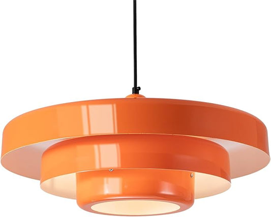 FCTWAKS Modern Large Pendant Light Fixture, 17.7 inch Vintage Orange Ceiling Hanging Lamp with 3-Layer Metal Shade, Height Adjustable, Mid Century Chandelier for Kitchen Island Lighting,Dining Room