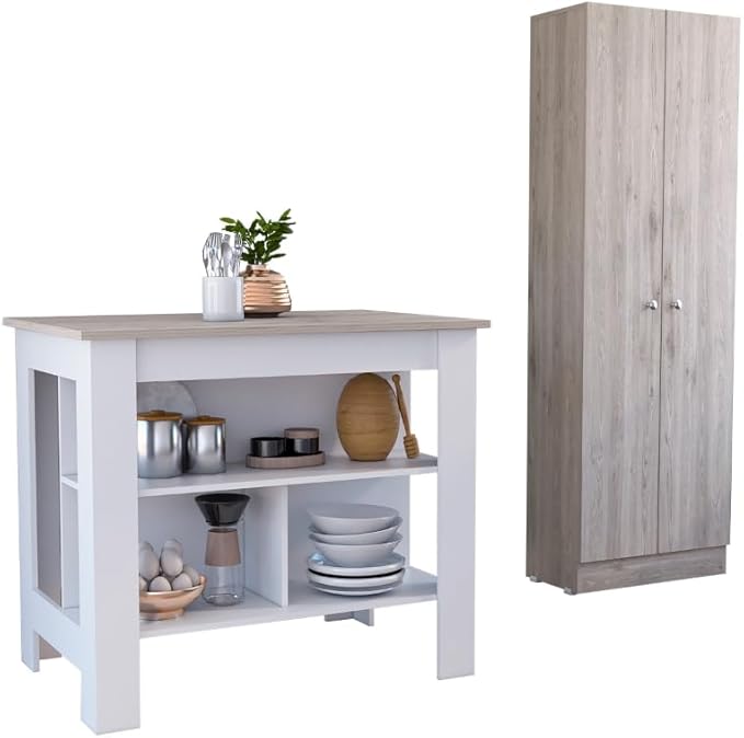 GOWE Roblar 8-Shelf 2-Door 2-Piece Kitchen Set, Kitchen Island and Pantry Cabinet White and Light Gray