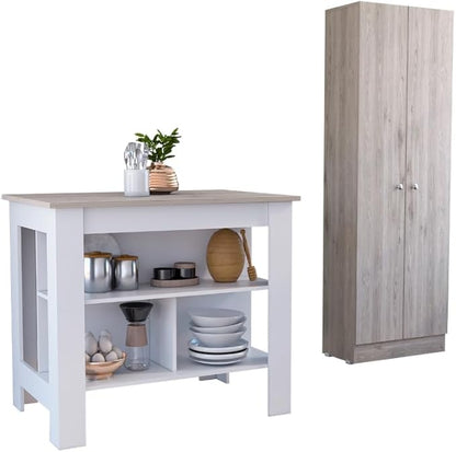 GOWE Roblar 8-Shelf 2-Door 2-Piece Kitchen Set, Kitchen Island and Pantry Cabinet White and Light Gray