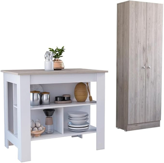 GOWE Roblar 8-Shelf 2-Door 2-Piece Kitchen Set, Kitchen Island and Pantry Cabinet White and Light Gray