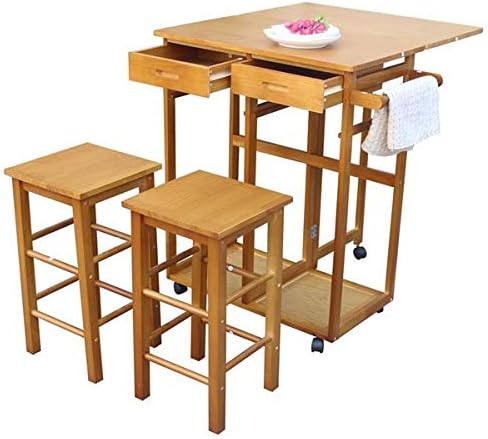 HopeHope Brown Rustic Pine Wood Folding Dining Cart with 2 Stools, Kitchen Island Cart, 2 Drawers, Perfect for Small Spaces