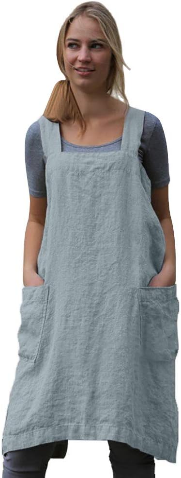 Larmliss Women's Pinafore Square Apron Baking Cooking Gardening Works Cross Back Cotton/Linen Blend Dress with 2 Pockets