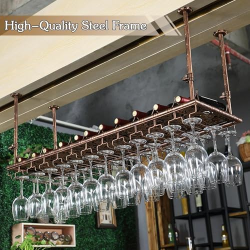 Adjustable Industrial Ceiling Wine Rack - Hanging Glass Holder & Home Bar Counter Shelf for Stemware, Perfect for Kitchen Island, Cafe & Restaurant Storage Solutions