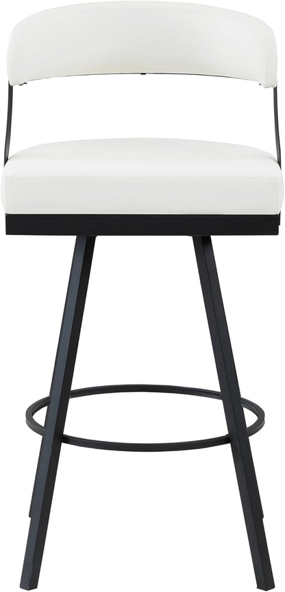 Lexicon Swivel Bar Stools Set of 2 - Bar Height Stools for Kitchen Island, Padded Seat, Open Back, Sturdy Black Metal Frame Finish and White Faux Leather Cushion Seat, White