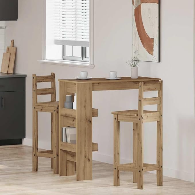 Artisan Oak Wall Bar Table for Small Spaces, Brown Rectangular Engineered Wood Counter Height Dining Table with Storage Shelves, Modern Design for Kitchen Dining Room Lounge