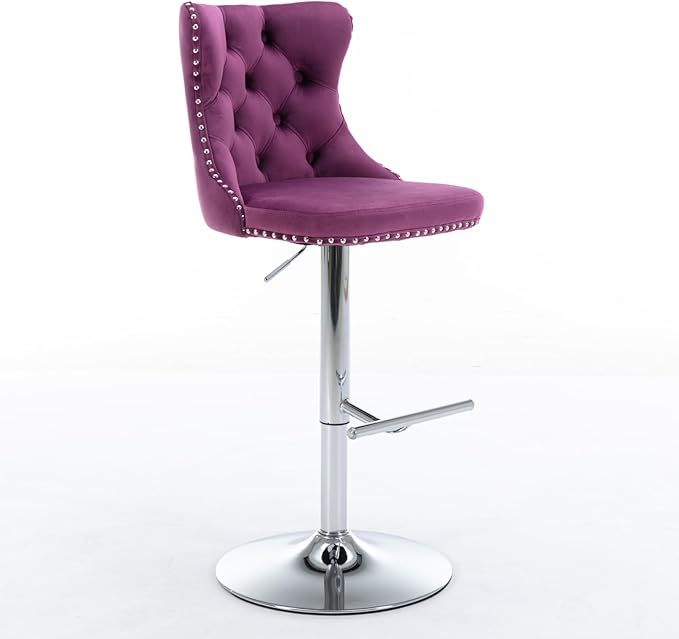 Swivel Velvet Bar stools Adjusatble Seat Height from 25 33 Inch, Chrome Base Bar Stools with Backs Comfortable Tufted for Home Pub and Kitchen Island, Purple,Set of 2,1712PP