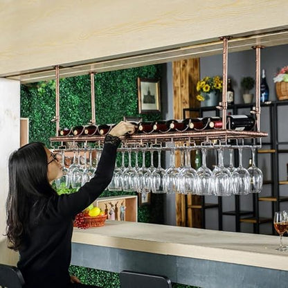 Adjustable Industrial Ceiling Wine Rack - Hanging Glass Holder & Home Bar Counter Shelf for Stemware, Perfect for Kitchen Island, Cafe & Restaurant Storage Solutions