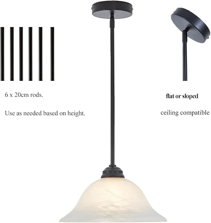 Modern Alabaster Glass Pendant Light Adjustable Rod Pendant Lighting Fixture for Kitchen Sink Bar Dining Room, 12“D (Black)