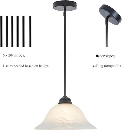 Modern Alabaster Glass Pendant Light Adjustable Rod Pendant Lighting Fixture for Kitchen Sink Bar Dining Room, 12“D (Black)